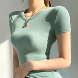 Summer New Women's Elastic Thread Solid Color T-Shirt Basic Short-Sleeved Large Round Neck Long Blouse-Outfit