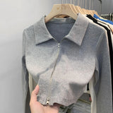 Design Sense Niche Double Zipper Polo Collar Jacket Women's Early Autumn New Threaded Short Top Knitted