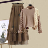 Winter Knitted 2 Piece Sets Women Long Sleeve Knitted Sweater And High Waist Mesh Long Skirts Sets For Women