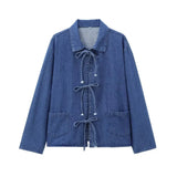 Fongt Women's Spring New Collar Bows Decorated With Long-Sleeved Pocket Wash Denim Shirt Pocket Design