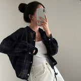 Vintage Plaid Print Crop Long Sleeve Blouse-Outfit