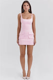 Satin Square Neck Mock Pocket Mini Dress-Outfit