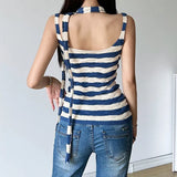 Fongt Summer New Women's Pure Desire Wind With Neck Slim Knit Stripe Long Vest-Outfit