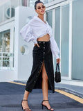 Side Slit Buttoned Denim Midi Skir-Outfit