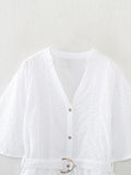 New Hollowed-Out Embroidery With Belt Mini Dress 8175960-Outfit