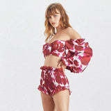 Sexy Print Beach Women Suit Square Neck Lantern Sleeve Hollow Out Crop Tops High Waist Shorts Two Piece Set