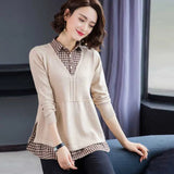 Patchwork Sweater Women Casual Loose Fake Two Piece Knit Tops Spring Fall Lapel Pullover Korean Mom Knitwear Jumper