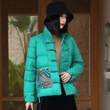 Chinese Wind Short Down Jacket Female Winter New Plate Buckle National Wind Printing Warm White Duck Down Warm Coat Large Size-Outfit