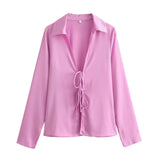 Fongt 2024 New Women's Loose Bow Trim Silk Satin Texture Shirt Women 2183331-Outfit