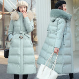 Winter New Down Cotton Clothing Female Long Over The Knee Big Hair Korean Version Slim Thin Belt Coat Cotton-Outfit