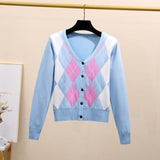 Winter Argyle Plaid Cardigans Women Vintage England Style Single Breasted Long Sleeve Knitted Sweaters Streetwear