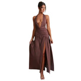 Fongt Ins Dress Spring And Summer Sexy Hot Girl Tie V Neck Tie Open Back Slit Stylish Temperament