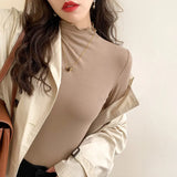 Half-High Collar Bottomed Shirt Women Wear A New White Long-Sleeved T-Shirt With Western Style Agaric