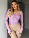 Long Sleeve Mesh Blouse Cut out Lace up Ruched Backless Boning Zip Slim Fit Bodycon Cropped Top Spring Fashion Sexy
