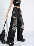 Fongt Street Black Ripped Jeans Women's New Summer Popular Logo Straight Tube Loose And Versatile Drag Wide Leg Pants-Outfit