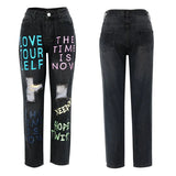 Winter Jeans Woman Letter Graffiti Offset Printing Distressed Denim Pants For Ladies Tight High-waist Nine Bottoming