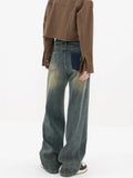 Fongt New Retro Wash Do Old Straight Leg Jeans Female Design Feeling High Waist Loose Versatile Drag Wide Leg Pants-Outfit