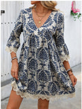 Fongt Fashion New WISH / Print V-Neck Lace Seven-Sleeve Dress