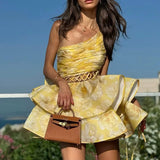 Fongt Temperament Sweet Wind Dress Women's New Summer 2025 Summer New Fashion Slanted Shoulder Hollow Waist Design Print