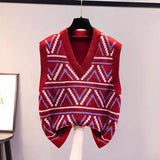 Jacquard Sweater Vests Tops Women Casual Print Knitted Sleeveless Pullover Korean Fall Winter 2023 Knitwear