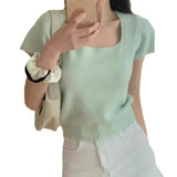 Version Gentle Style Knitted Sweater Women's New Style 2024 Spring And Summer 100 Small Square Collar With Short Sweater Bottomed And Short Sleeves-Outfit