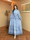 Fongt Retro Elegant Lace Splicing Strap To The Waist Lantern Sleeve Dress Female Thin Temperament Court Style Dress