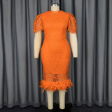 Fongt Elegant Style Lace Feathers High-Waist Skirt Plus-Size Party Banquet Dress Dress Elegant Dress