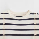 New Bicolor Striped Slim Short Version Short-Sleeved Knitted Blouse-Outfit