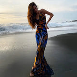 Sexy Long Dress Women Backless Lace Up Beach Party Dresses Summer Resort Style Fireworks Print Elegant Maxi Dress