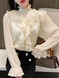 Stand Collar Chiffon Lace Shirts Korean Ruffles Stitching Elegant Button Blouse Woman Long Flare Sleeve Loose Tops