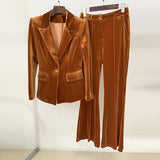 Fongt And Winter 2025 New Women's Professional Fashion A Buckle Gold Velvet Suit Jacket + Horn Pants Set Two Sets