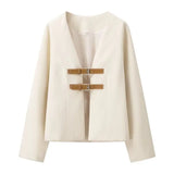 Fongt New Women's V-Neck Solid Color Bhise Tripty-Fitting With Soft Long-Sleeved Coat Loose Leisure Short