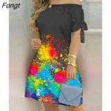 Ptint Colorblock Off Shoulder Tie Detail Casual Dress