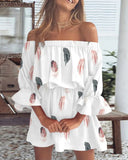 Fongt Sexy Fashion One-Word Shoulder Print Dress Women's Spot-Outfit