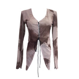 Real Shooting Hottie Slear Dye Printing V Tie With Hollow Irregular Shoulder Long-Sleeved T-Shirt