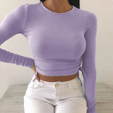 Fongt 2024 Women's New Irregular Slim Side Rope Long-Sleeve T-Shirt Short Top-Outfit