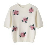 Retro Style Three-Dimensional Rose Flower Sweater Short-Sleeved Girl Spring And Summer New T-Shirt Pullover Blouse Girl-Outfit