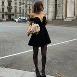 Black Off-shoulder Deep Neck Mini Dress-Outfit