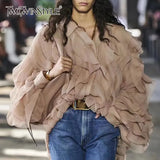 Elegant Patchwork Ruffle Shirt For Women Lapel Long Sleeve Lace Up Bowknot Casual Blouse Female Fashion New