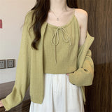 Design Sense Knitted Cardigan Women's Loose New Temperament Solid Color Cardigan Vest Suspenders Two-Piece Set-Outfit