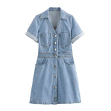 Fongt Denim Skirt 2025 Spring And Summer Roll Sleeves V-Neck Single Buckle High Waist Repair A-Word Mini Dress Woman