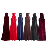 Fongt New Women's Fashion Hanging Neck Collar Silk Tatami Long Dress