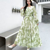 Fongt Temperament Dress Women 2025 Summer New High-End Feeling Waist Round Lantern Sleeve Print Dress