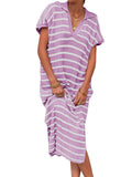 Fongt Summer Dress Women's V-Neck Stripe Low Slit Lapel Long Sweater Even-Outfit