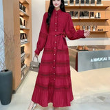 Fongt Gentle Style Dress Spring New Female Design Hollow Lace Splicing Bubble Sleeve Holiday Dress