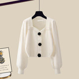 Knit Sets Womens Outfits French Vintage Square Collar Knitted Sweater And Wide Leg Pants Two Pieces Sets Office Lady
