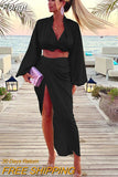 Solid Black Maxi Dress Robe Women Casual Two Pieces Dress Sets Boho Beach Style Long Dress Slit Vestido Feminino