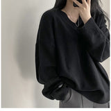 Dark Academia Solid Color V-Neck Pullover Sweater-Outfit