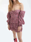 Fongt Spring New Fashion Fresh Sweet Wind Tling With Belt Print Bubble Sleeve Bra Short Dress