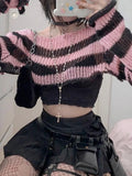 Pink Contrast-paneled Crop Smock Top Y2K Aesthetic Cute Knitted Long Sleeve Pullover for Women Sweater Vintage Clothes-Outfit